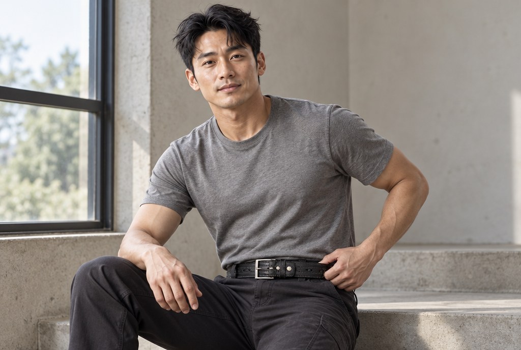 실내 계단에 앉아 벨트를 조절하는 모델 측면 컷