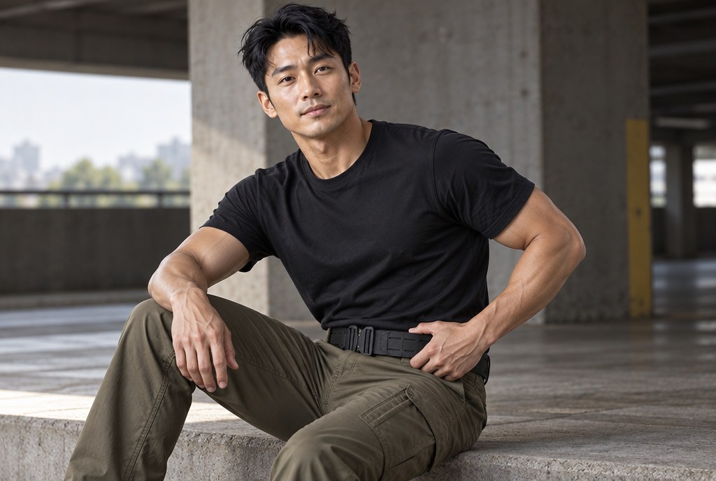 계단에 앉아 벨트 버클을 잡은 모델의 측면 컷