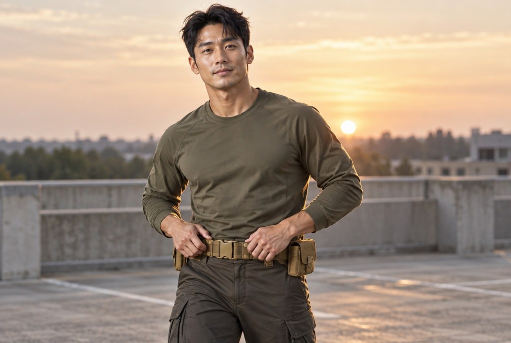 야외 훈련장에서 벨트를 착용하고 걸어오는 모습