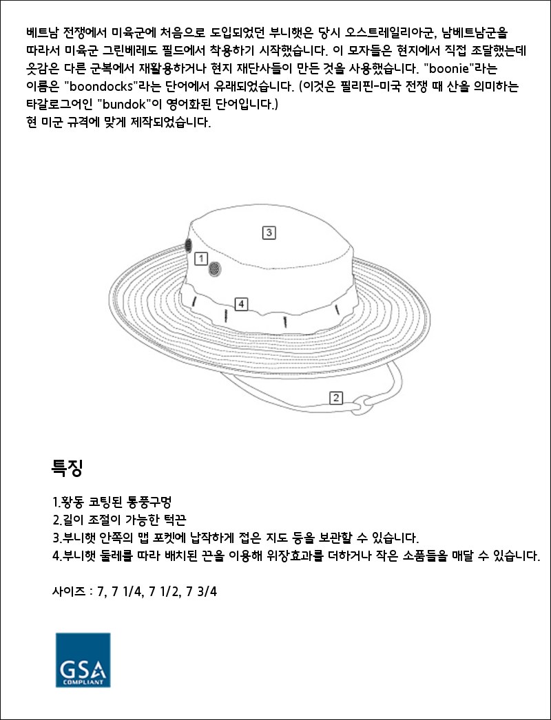 부니햇 구조와 특징, 사이즈 표기 설명 이미지